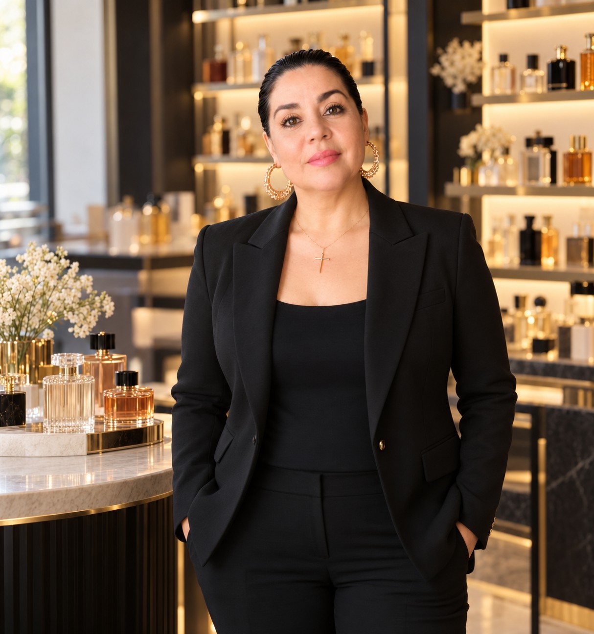 Retrato editorial de Ali Becerra con una ambientación de perfumería